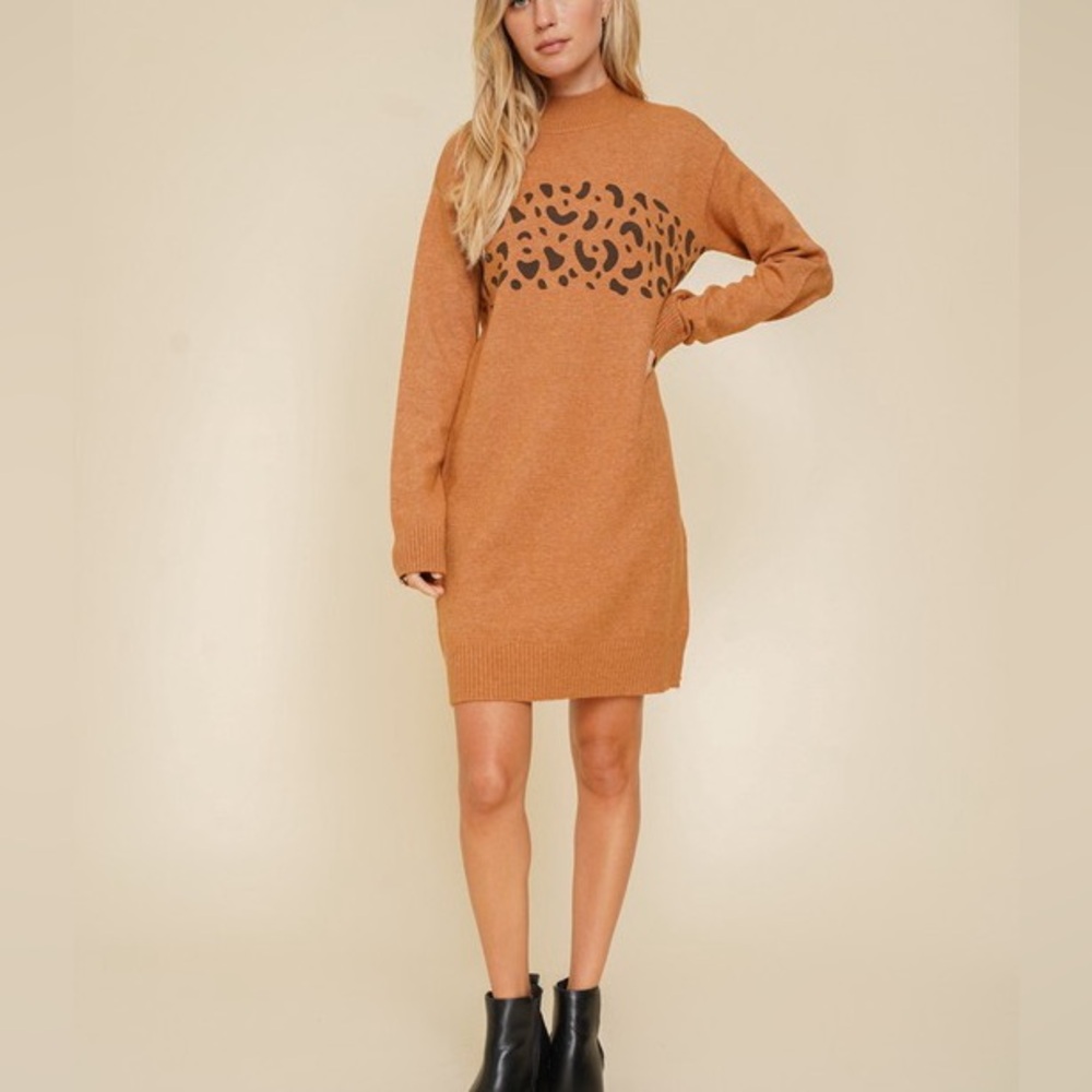 Mock Neck Leopard Print Sweater Dress